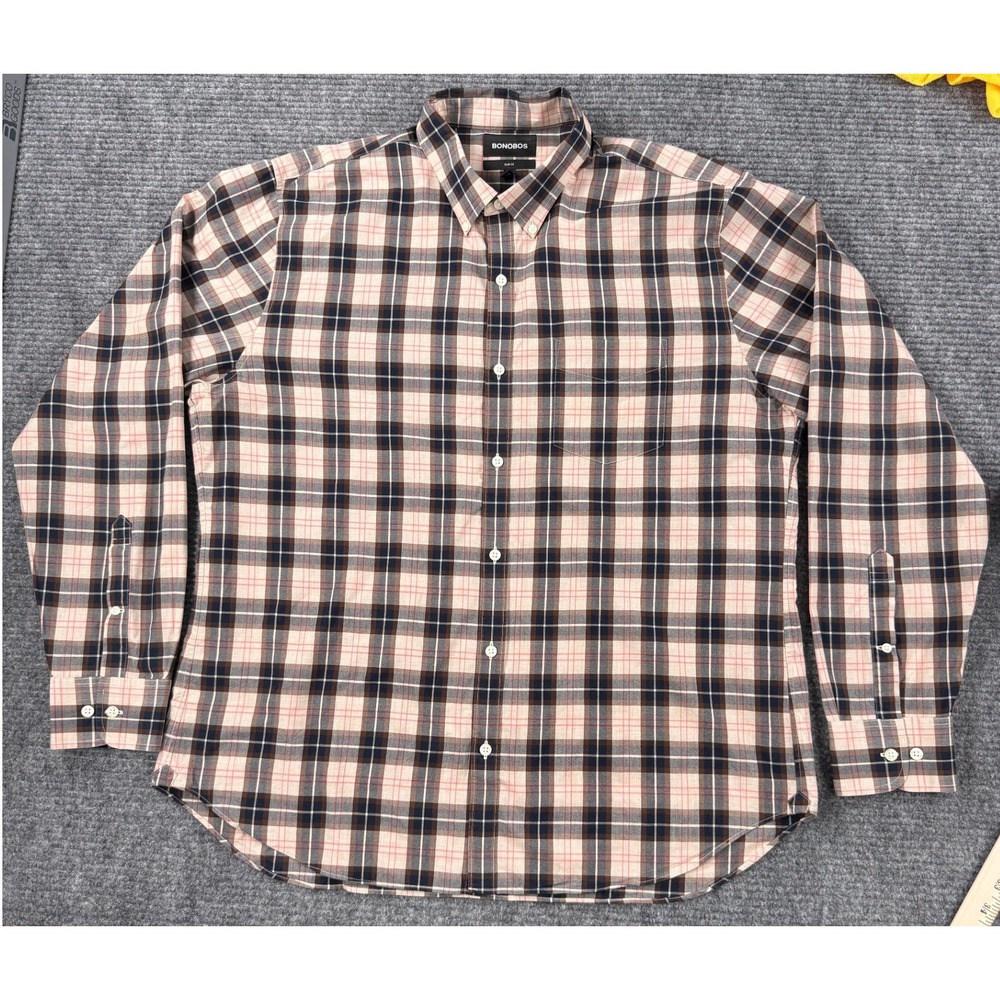 Bonobos Button Down Shirt Mens XXL Tan Plaid Excellent Slim Fit Long Sleeve